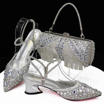 Последний Итальянский дизайн, африканские женские босоножки на высоком каблуке с острым носком, вечерние свадебные туфли серебристого цвета и комплект сумок