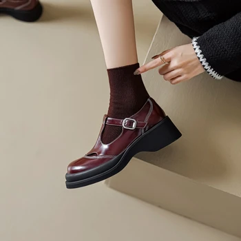 2023 г. Весенне-осенняя женская обувь Mary Janes с круглым носком на массивном каблуке, женская обувь из спилка с пряжкой, Женские туфли-лодочки на платформе