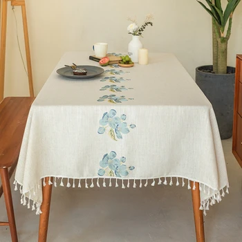 Inyahome Скатерть с вышитыми цветами и кисточками для обеденного стола из хлопка и льна, украшение для вечеринок, покрытие стола