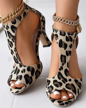 Женская модная, сексуальная летняя обувь для вечеринок и клубов, Босоножки на каблуке с открытым носком и леопардовым принтом