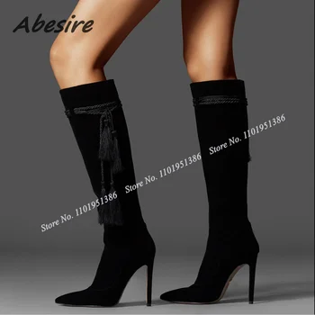 Abesire/ Черные Ботинки без шнуровки с бахромой и Декором, Однотонные Ботинки на шнуровке до колена, Женская Обувь с острым носком на Высоком Каблуке Zapatillas Mujer