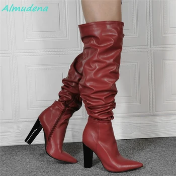 Красные женские ботфорты выше колена из искусственной кожи с острым носком, плиссированная молния, пикантные ботинки на не сужающемся книзу массивном каблуке, коллекция 2023 года, Новые поступления осени, модная обувь, Размер 36-46