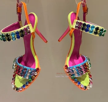 Женские Босоножки на платформе и высоком каблуке с вышивкой и разноцветными кристаллами, этническая версия, Летняя обувь для вечеринок на шпильках