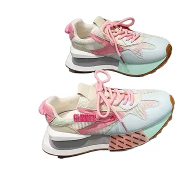 2023 Новая Женская Спортивная обувь Контрастного Цвета, Повседневная обувь на шнуровке, Женская обувь на толстой подошве
