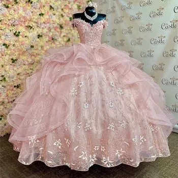 Розовые пышные платья принцессы с аппликацией, Кружевное бальное платье на день рождения, тюлевое кружевное платье на шнуровке, 16 милых платьев vestidos de 15