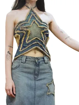 Женские стильные джинсовые топы FOMOYUU с высоким воротом, модные летние топы без рукавов с открытой спиной и пуговицами в стиле ретро