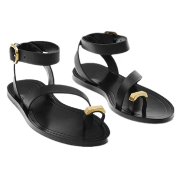 Maxdutti, французский Блогер, кожаные римские сандалии в стиле ретро с золотой металлической пряжкой, модные женские сандалии на плоской подошве, летняя повседневная современная обувь