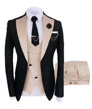 Мужской деловой костюм из 3 предметов с вырезами на лацканах, Классический рабочий костюм, Свадебный блейзер (Блейзер + жилет + брюки)