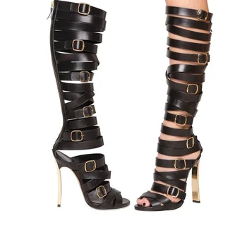 Женская обувь, черные кожаные сапоги-гладиаторы с перекрестным ремешком и открытым носком, до колена, на шпильке, с пряжкой, Длинные сапоги на высоком каблуке