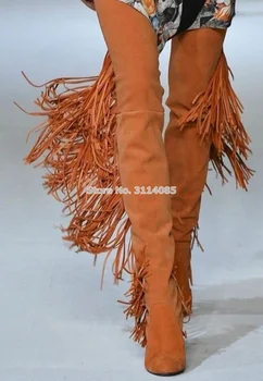 Женские роскошные коричневые замшевые сапоги выше колена на массивном каблуке с бахромой, Сексуальные сапоги до бедра с кисточками, Длинные ботинки, модельные туфли