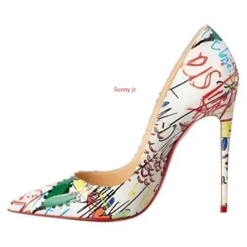 Женские роскошные брендовые туфли-лодочки на высоком каблуке с красной подошвой, цвет граффити, вечерние пикантные женские свадебные туфли на шпильке с острым носком