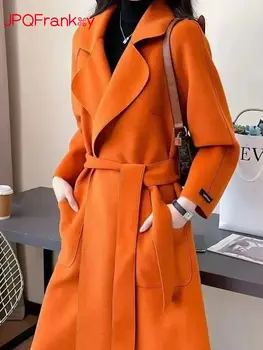Осенне-Зимнее Новое Двустороннее Шерстяное пальто Корейской версии, Высококачественное Модное Повседневное Свободное Длинное Кружевное Пальто для женщин