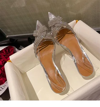 Летние прозрачные женские тапочки, Модные туфли Muller Со стразами, Сверкающие бриллиантами, Тапочки на высоком каблуке, сандалии