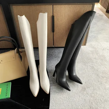 MKKHOU / Модные сапоги выше колена; Женские новые четырехсезонные Кожаные Сапоги на высоком каблуке с острым носком; Универсальные Рыцарские сапоги; Высокие сапоги