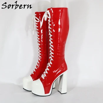 Sorbern/ Красные Сапоги до колена, Фетишистские Кроссовки на блочном высоком каблуке, Обувь на шнуровке, Массивный Высокий каблук 18 см, Платформа, Сшитые на заказ, Большие Размеры