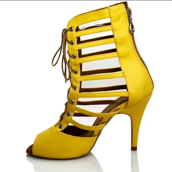 Женские танцевальные ботинки для дам, фланелевые туфли для современных бальных танцев на высоком каблуке, Желтая кожаная обувь для девочек, мягкая обувь для танцев Бачата Сальса