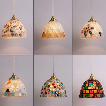 Разноцветная мозаика из ракушек, креативные подвесные потолочные светильники, люстра для домашнего декора в Скандинавском стиле, светодиодное освещение от Tiffany, Столовая, кухонная лампа