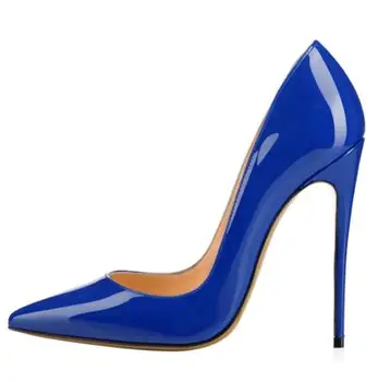 Женские Пикантные туфли на высоком каблуке, Синие туфли-шпильки из лакированной кожи, Пикантные женские туфли-лодочки с острым носком на каблуке 12 см, Модельные туфли большого размера
