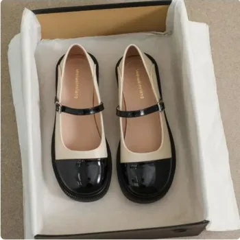 Женские летние туфли Mary Jane в японском стиле с цветными блоками, черные, белые, с квадратным носком, в стиле Ретро, на низком каблуке в стиле 