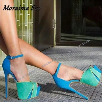 Moraima Snc/ разноцветные замшевые босоножки на платформе для женщин, Синие туфли на тонком высоком каблуке с пряжкой на щиколотке, женские однотонные босоножки на шпильке