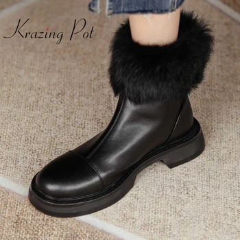 krazing pot/ большие размеры, зимние ботинки из натуральной кожи с круглым носком на среднем каблуке, классические цвета, зимние утепленные удобные ботильоны L12