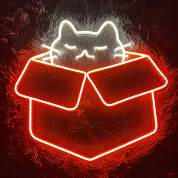Неоновая Вывеска Cat Box, Funny Cat LED Neon, Неоновая Вывеска Cartoon Cat, Неоновая вывеска Funny Cat, Неоновая Вывеска Box Cat, Светодиодная подсветка Cat Club