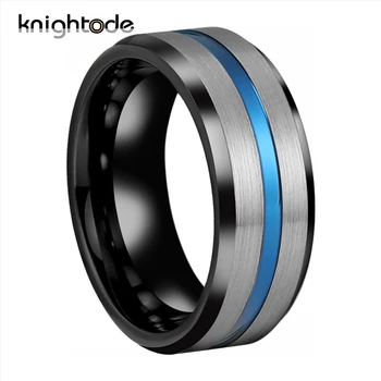 2 Цвета Черное кольцо из карбида вольфрама для мужчин и женщин Обручальные кольца Со скошенными краями Синее Рифленое центральное матовое покрытие