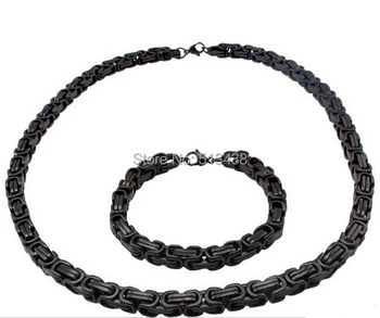 Мужской комплект 8 мм, Византийское квадратное ожерелье-цепочка, браслет, Нержавеющая сталь, черный