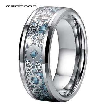 Уникальные кольца из карбида вольфрама 8 мм, Обручальное кольцо, Зубчатое колесо, Синяя инкрустация из углеродного волокна, Модные украшения, Комфортная посадка