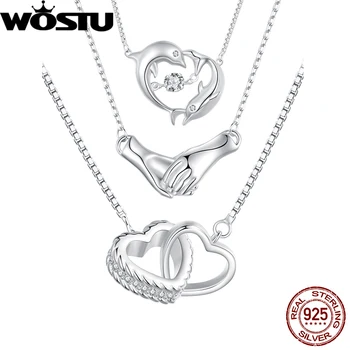 WOSTU 100% Ожерелье из стерлингового серебра 925 пробы, держащееся за руки, Ожерелье с дельфинами в форме сердца с двойной петлей, для женщин, Оригинальные ювелирные украшения