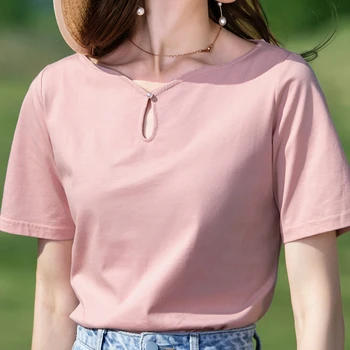 Сандро рек летний Новый хлопок V-образным вырезом дизайн чувство короткими рукавами футболки сплошной цвет женщин сопоставления тонкий топ тройники