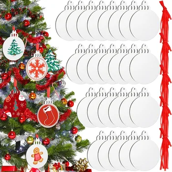 30 шт. Рождественских сублимационных заготовок, подвесных подвесок из МДФ с индивидуальным теплопередачей, белого орнамента с лентой для поделок