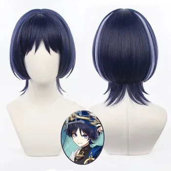 Парик для косплея Genshin Impact Scaramouche, черный, синий, фиолетовый, с подсветкой сзади, аниме-парик, термостойкий синтетический парик на Хэллоуин