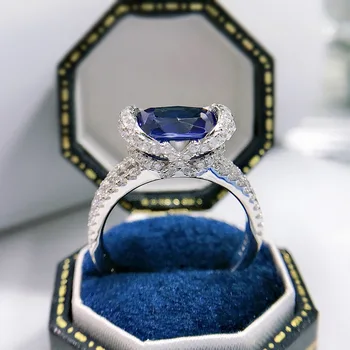 Кольцо с ценным сапфиром и бриллиантом из 100% настоящего стерлингового серебра 925 пробы; Вечерние обручальные кольца для женщин; мужские ювелирные изделия для помолвки
