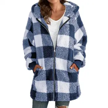 2023 Осенне-зимнее Женское плюшевое пальто в клетку с капюшоном, Женское Меховое пальто, Женские куртки