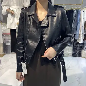 Кожаное пальто, женская короткая куртка на весну и осень 2023, новая корейская версия, приталенная коричневая куртка, модный женский топ