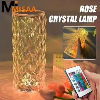 Светодиодный настольный светильник с кристаллами, Розовая лампа, Проектор, теплый свет, Регулируемая На Ощупь Романтическая Алмазная атмосфера, USB-сенсорный ночник