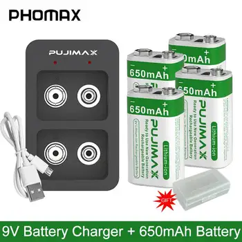 PHOMAX 2-Слотное Зарядное устройство для Ni-MH / Ni-Cd /Li-ion аккумуляторов 9V с емкостью 6F22 650 мАч, Комплект литий-ионных аккумуляторов