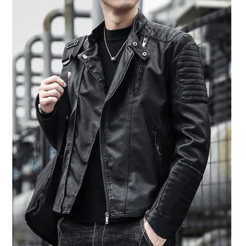 Брендовая одежда, Мужская Приталенная куртка, Модные Однотонные мотоциклетные зимние куртки Chaqueta Hombre, Ветрозащитное черное Кожаное пальто