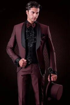 Модные приталенные бордовые смокинги для жениха (пиджак + брюки + галстук + жилет), Отличные мужские костюмы для жениха, официальные деловые вечерние блейзеры, мужские костюмы
