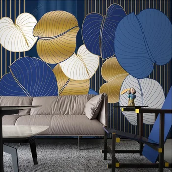 Современная минималистичная настенная роспись в золотую полоску с синими листьями, обои на заказ, Домашний декор, 3D фотообои