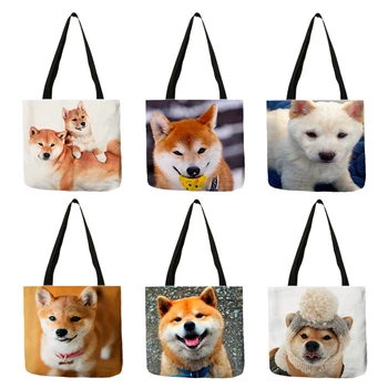 Милая Забавная сумка на плечо с принтом собаки Шиба, Женские повседневные сумки, Льняная сумка для мамы, Прочные сумки для подгузников Многоразового использования