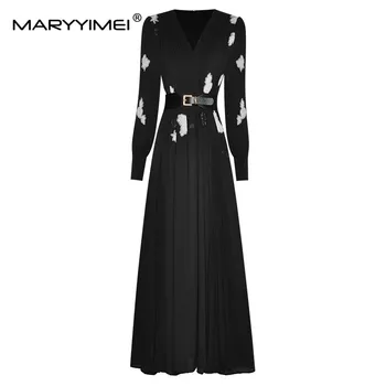 Модное платье MARYYIMEI, Осенне-зимнее Женское платье с рюшами, V-образным вырезом, длинными рукавами, вышитым поясом, Черные Элегантные тонкие длинные платья