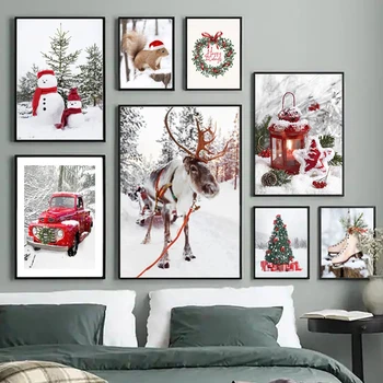 Картина с зимним пейзажем, холст, Настенное искусство, Сосновый Красный автомобиль, Сосновый дом, дерево, Плакат и принт для домашнего Рождественского подарка, Декор