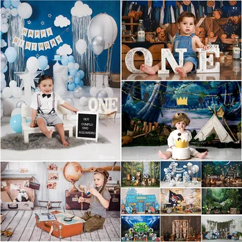 Фон для Фотосъемки мальчика на 1-й День Рождения, Воздушный шар, Украшение в виде звезд, Синий, Детский Фон для фотосессии с изображением детского торта для фотостудии