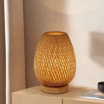 Винтажные Бамбуковые настольные лампы в китайском стиле, деревянная настольная лампа ручной работы для гостиной, украшение спальни, Креативная лампа E27 рядом с лампой