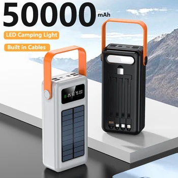 Банк солнечной энергии 50000mAh Встроенный кабель Портативное зарядное устройство Внешний аккумулятор Powerbank 50000 Для iPhone Xiaomi Samsung Huawei