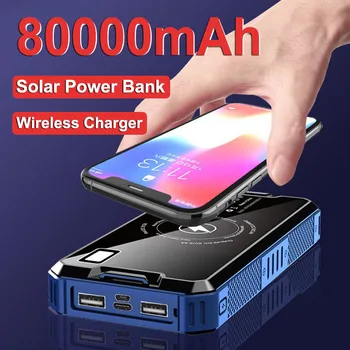 Солнечный Беспроводной Банк питания Портативное зарядное устройство высокой емкости 80000 мАч, внешний аккумулятор, светодиодный фонарик для iPhone mi, путешествия на открытом воздухе