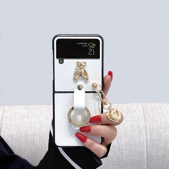 2022 Роскошный Милый Чехол для Samsung Galaxy Z Flip 3 4 5G из Искусственной Кожи, Защитный Чехол с Кольцом-Держателем, Задняя крышка с 3D Медведем для Женщин
