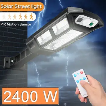 Новый светодиодный солнечный прожектор мощностью 2400 Вт с дистанционным управлением, 3 режима освещения, датчик движения, Водонепроницаемый уличный фонарь для наружной безопасности